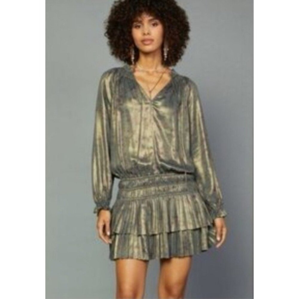 Current Air Anthropologie Metallic Gold Holiday NY Dress M V Neck Smocked NEW